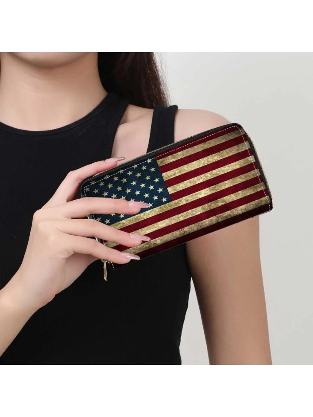 Vintage American Flag Print Large Capacity Wallet - PU Leather Zipper Clutch
